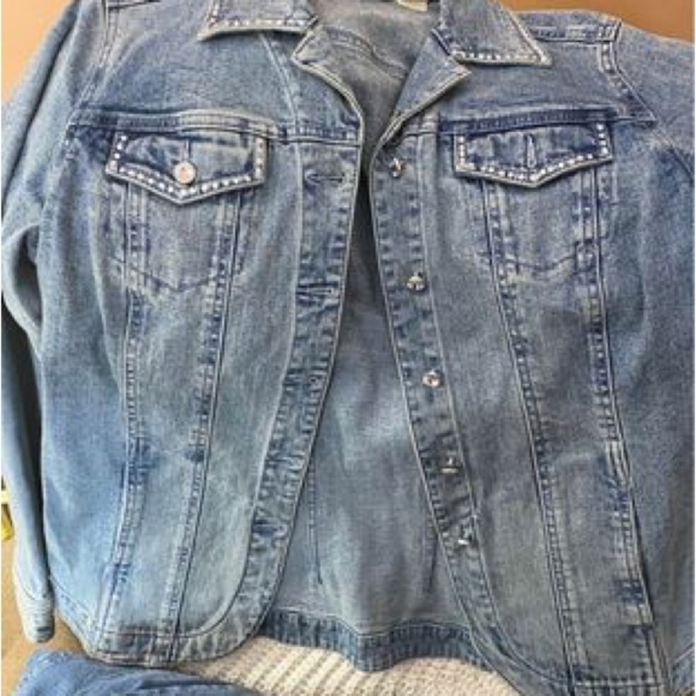 Laura Ashley white rhinestone blue Jean jacket medium